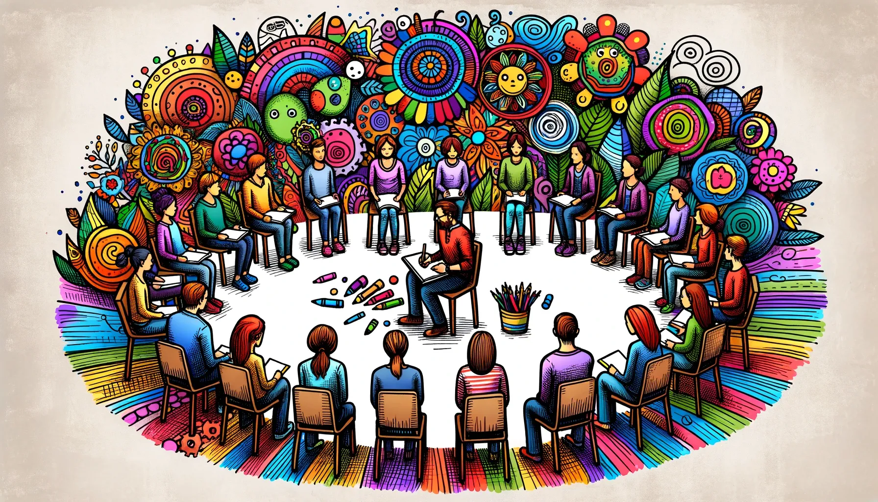 Wide doodle of various adults sitting in a circle, each with their own coloring book, while a therapist observes them. The scene is filled with vibrant colors and childlike drawings, capturing the idea of art therapy.
