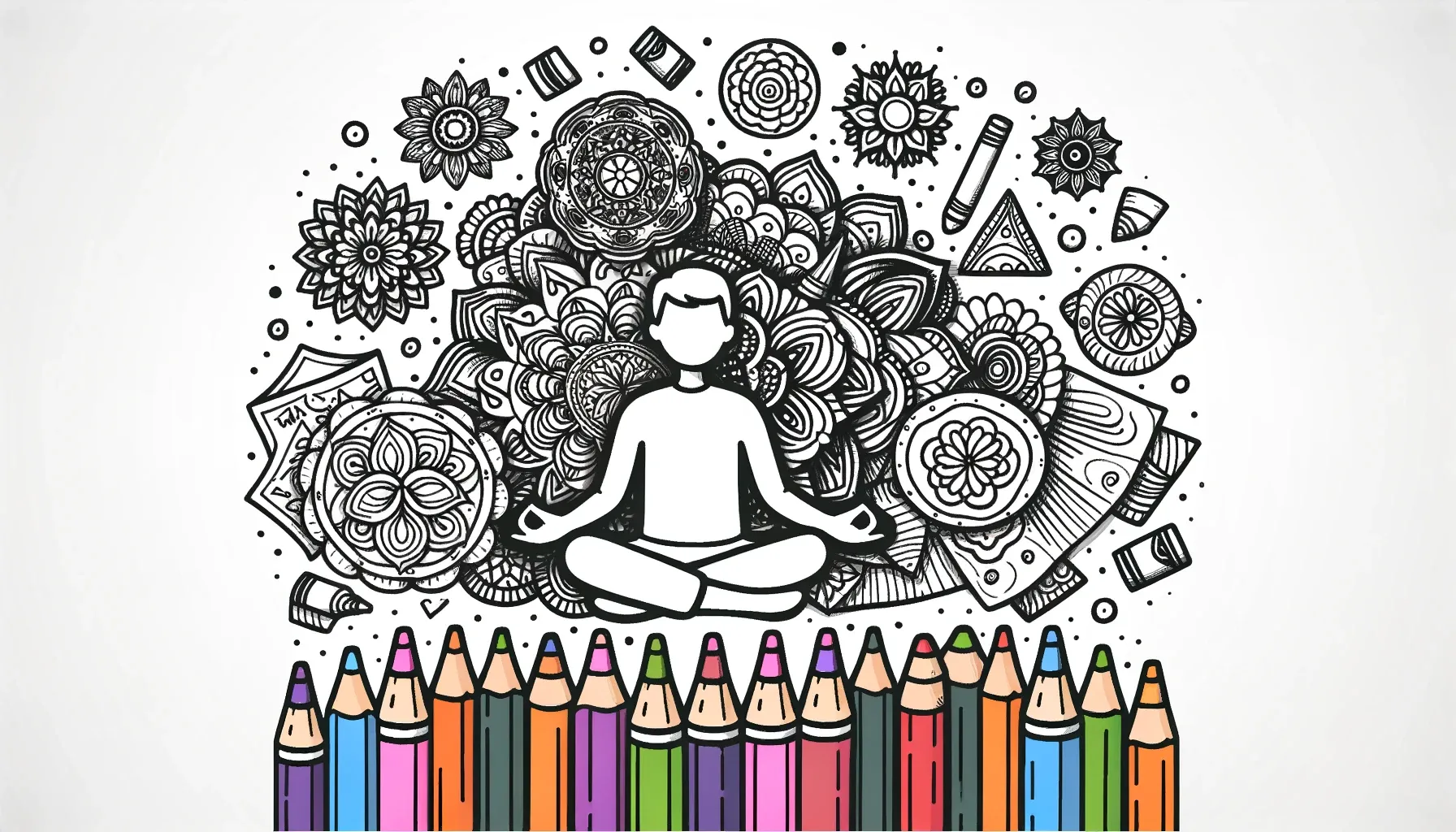 Wide childish doodle of a person meditating while surrounded by floating mandalas, crayons, and coloring pages. The atmosphere is serene, symbolizing the calmness brought about by coloring.