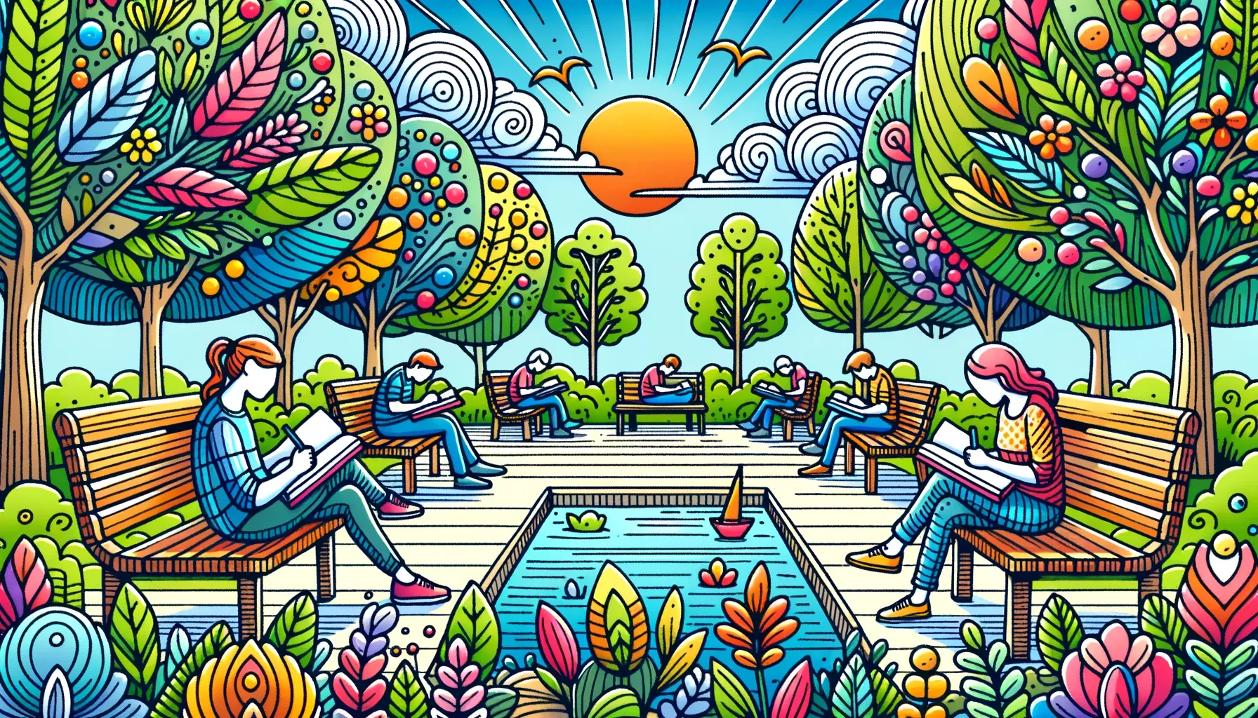 Wide illustration in a doodle style of a tranquil garden where adults are seated on benches, engrossed in their coloring books. The atmosphere is peaceful with bright, playful colors.