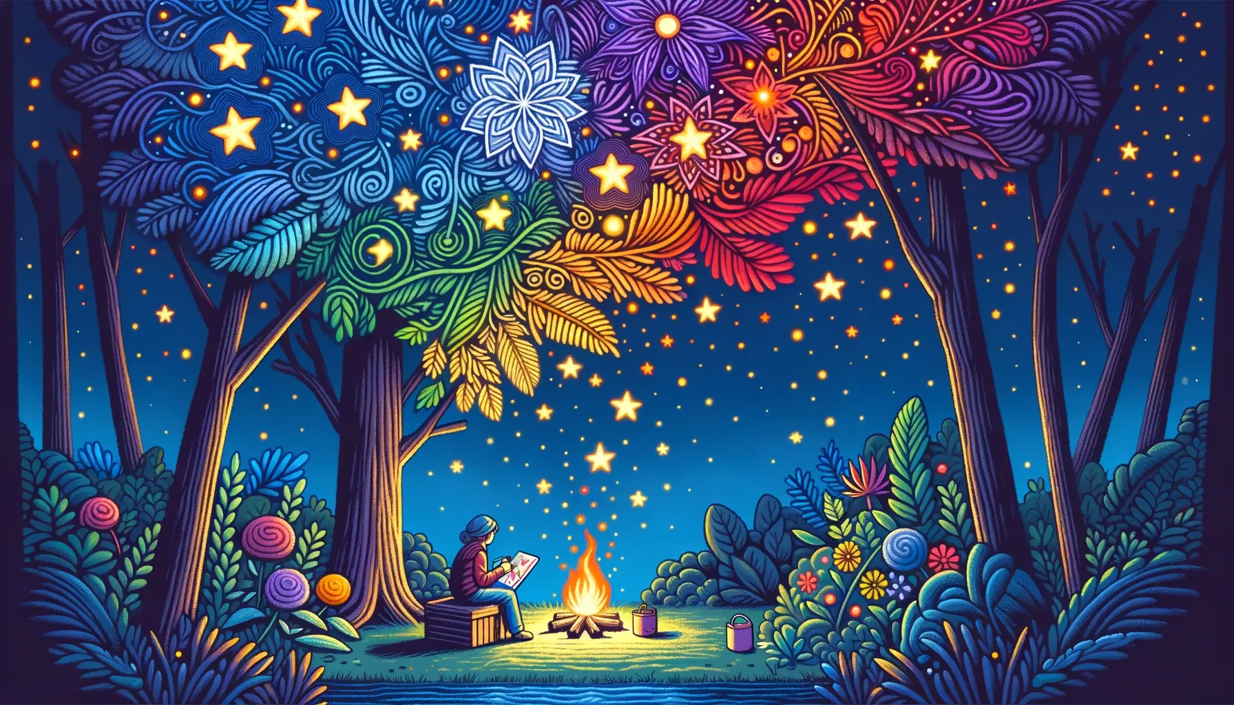 Wide illustration: A serene twilight scene in the brain garden. Under a canopy of colorful patterned stars, a gardener sits by a campfire, coloring a garden blueprint. The surrounding plants and flowers seem to respond, glowing brighter with each stroke of color.