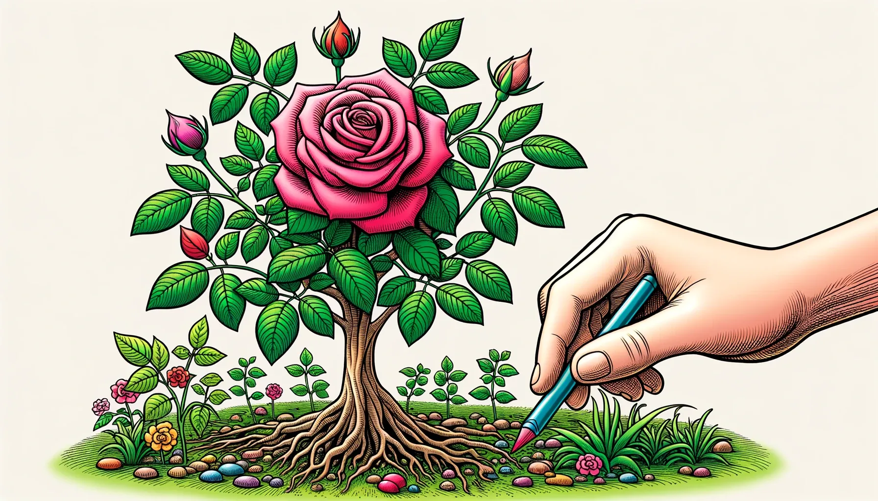 Wide illustration: A close-up view of a single rose bush in the brain garden. As a hand (representing coloring) tends to the bush, weeds around its base recede, and the rose blooms brighter, showcasing the positive impact of coloring on brain health.