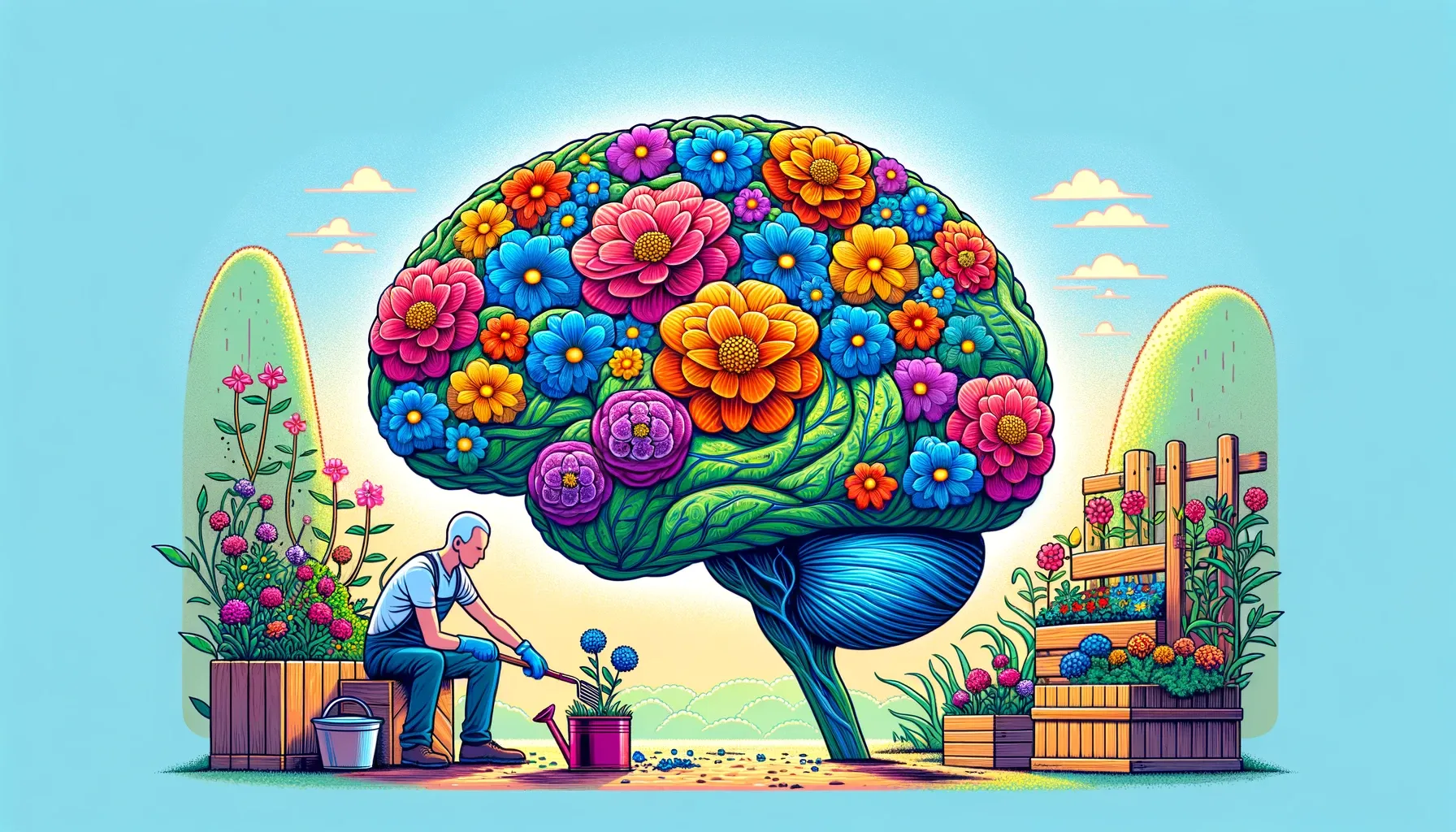 Wide illustration: A picturesque brain garden in full bloom. Vibrant flowers, representing neural sparks and cognitive abilities, flourish under the care of a gardener (symbolizing coloring). In a corner, the gardener diligently removes weeds, symbolizing cognitive inflammation.