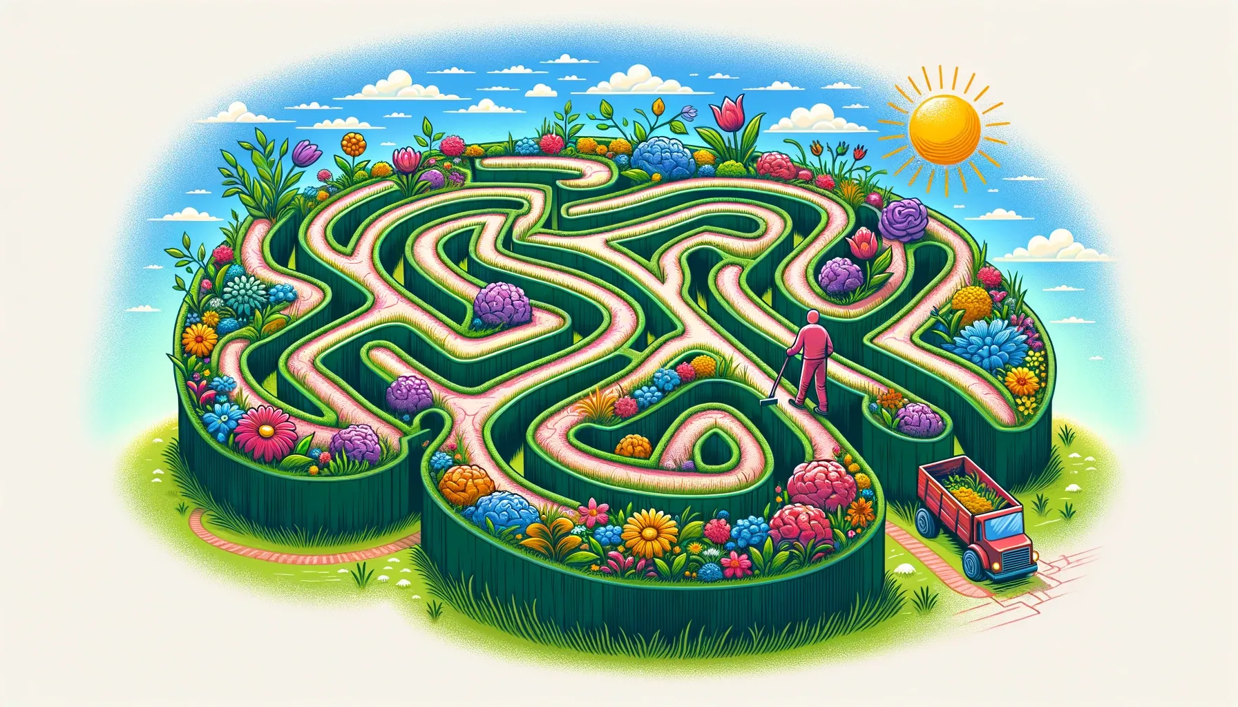 Wide illustration: A panoramic view of a brain-shaped garden maze. As one navigates the pathways (representing the journey of cognitive wellness), they encounter vibrant flowers and occasional weeds. A figure, symbolizing coloring, tends to areas, ensuring the maze remains clear and beautiful.