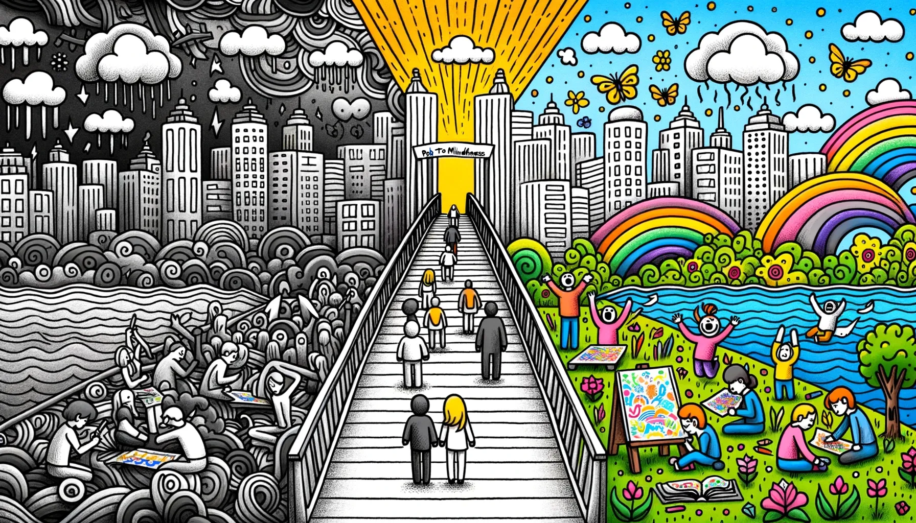 Wide doodle illustration: A depiction of two worlds side by side. On the left, a grayscale city with stressed people. A bridge connects to the right side, where the world is colorful and filled with adults joyfully coloring. The sign on the bridge reads 'Path to Mindfulness'.