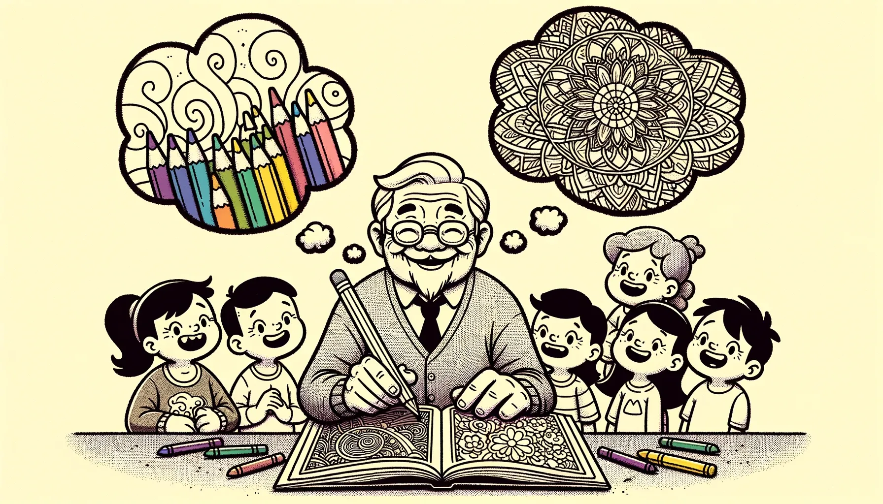 Wide doodle illustration: A jovial adult, seated amidst a group of children, coloring a complex design in an adult coloring book. The children watch in awe, while the adult grins cheekily. Floating thought bubbles show the adult reminiscing about choosing crayons as a child, contrasting with the present moment where they're picking colored pencils.