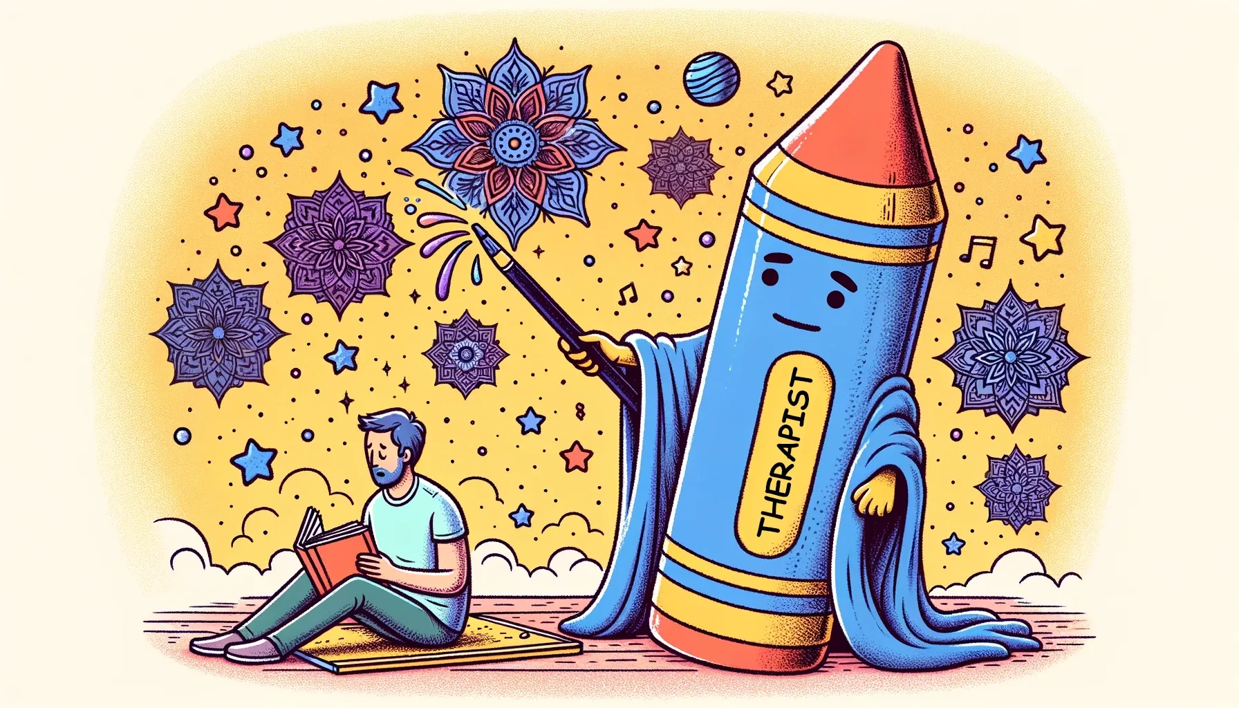 Wide doodle illustration: A giant crayon labeled 'Therapist' acting as a magic wand. As it touches a stressed individual's head, they transform into a relaxed person with a coloring book in hand, surrounded by floating mandalas.