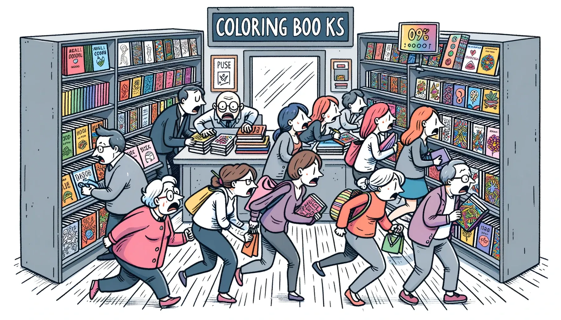 Wide doodle illustration: A bookstore scene where adults eagerly rush to a section labeled 'Adult Coloring Books'. As they pick up books, their gray and stressed expressions turn colorful and calm.
