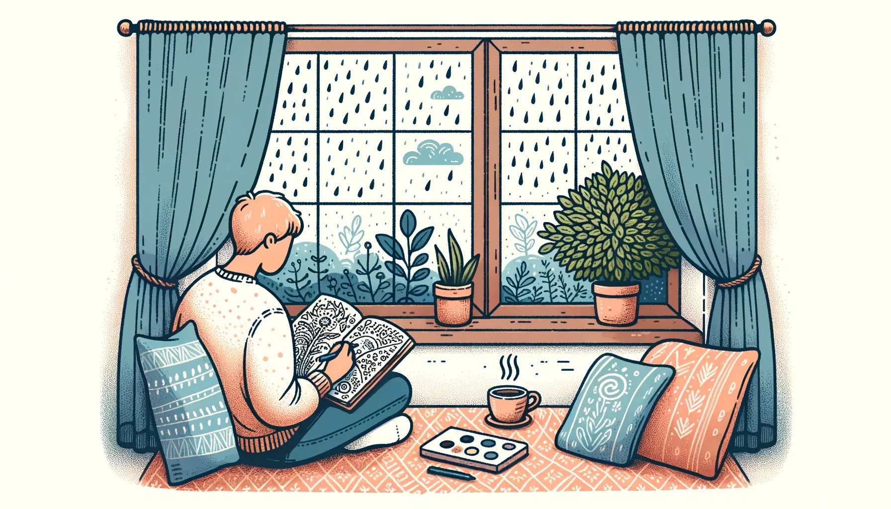 Wide illustration of an adult sitting in a cozy nook by a window, coloring a detailed book.
