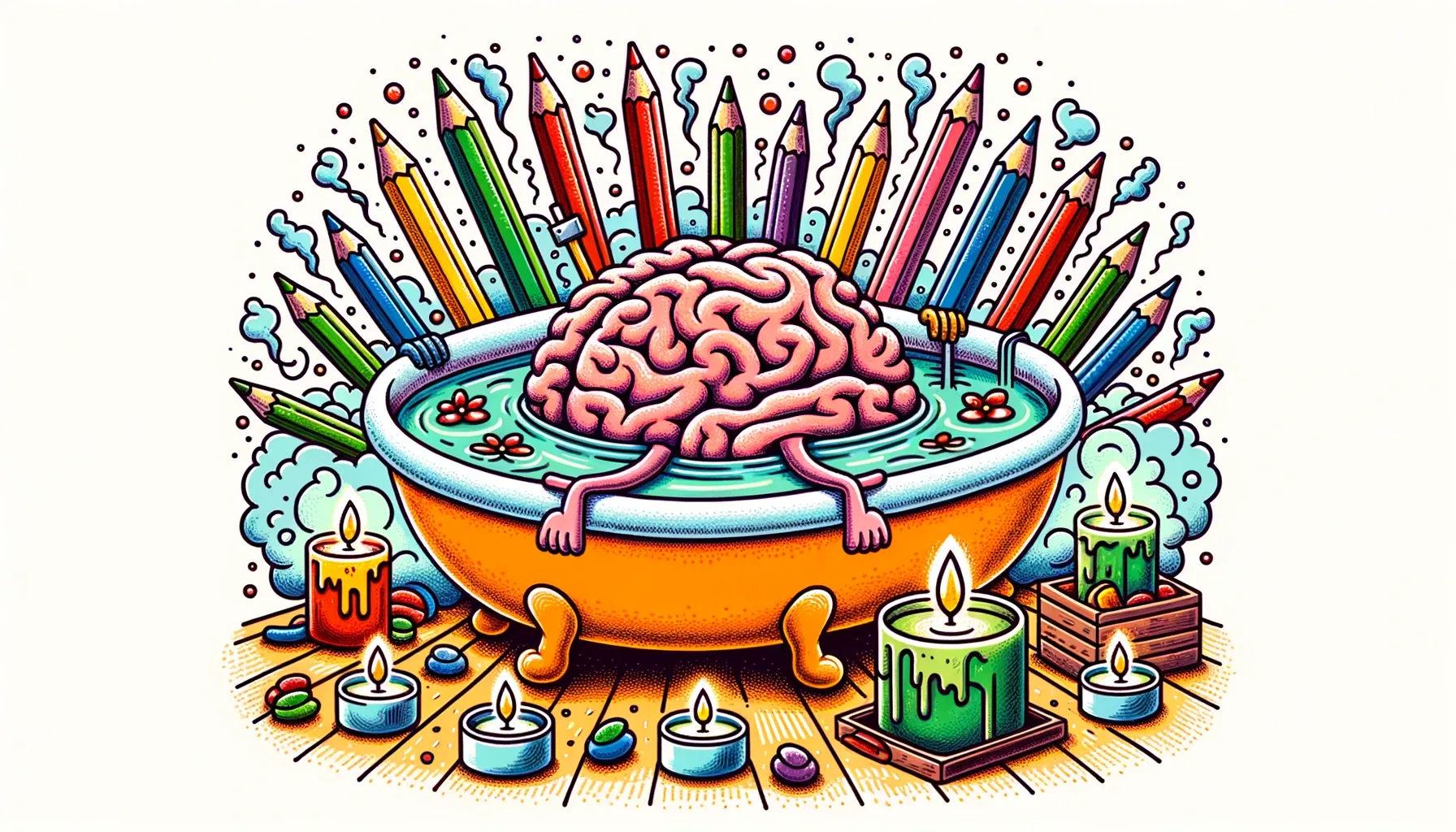 Wide illustration of a brain spa, where crayons and colored pencils enjoy relaxation treatments like massages and aromatherapy. In the center, a brain lounges in a warm bath, surrounded by candles. The doodles are vibrant, childlike, and imbued with a sense of calm.