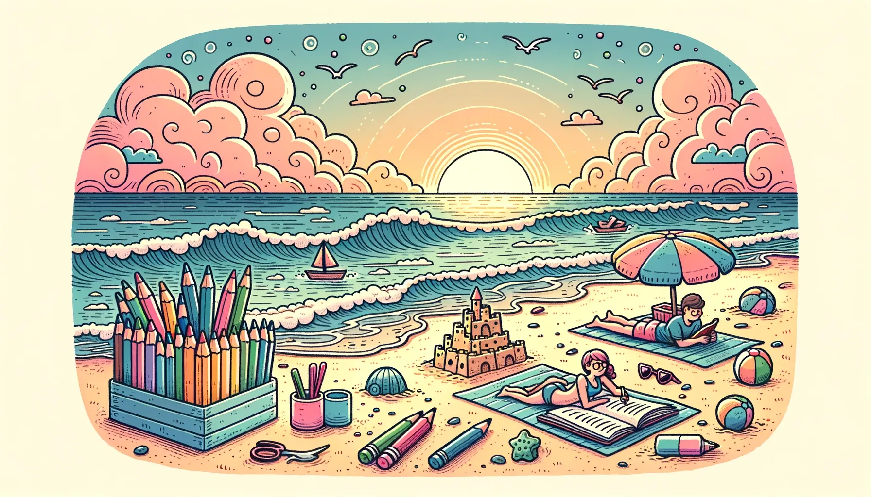 Wide cartoon doodle of a quiet beach setting during sunset. Adults with coloring books lounge on beach towels, while colored pencils playfully build sandcastles. The sound of waves and the pastel-hued sky create a soothing backdrop.