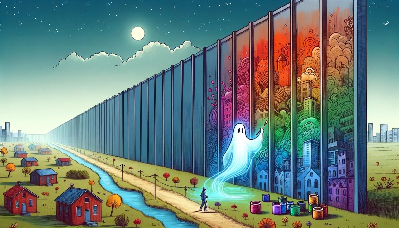 a giant ghost painting colorful things on the border wall with Mexico and USA