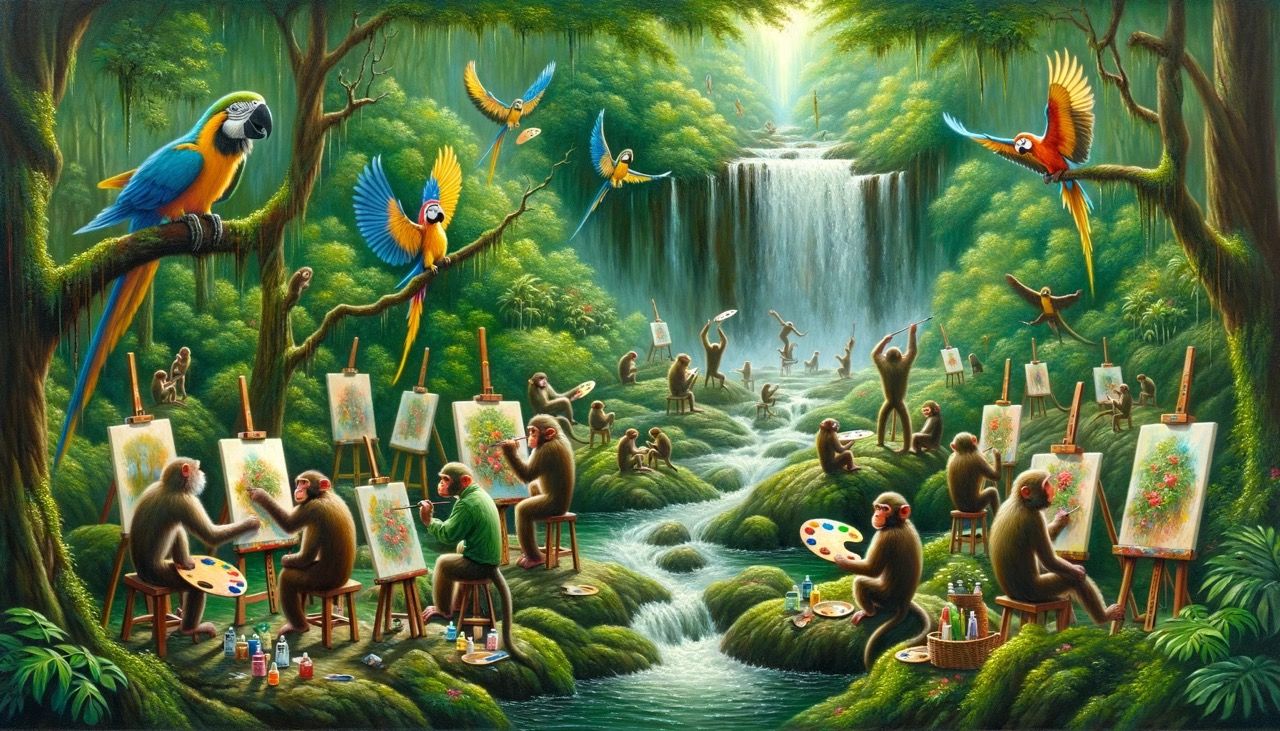 a group of monkeys painting on easels, they are in a forest