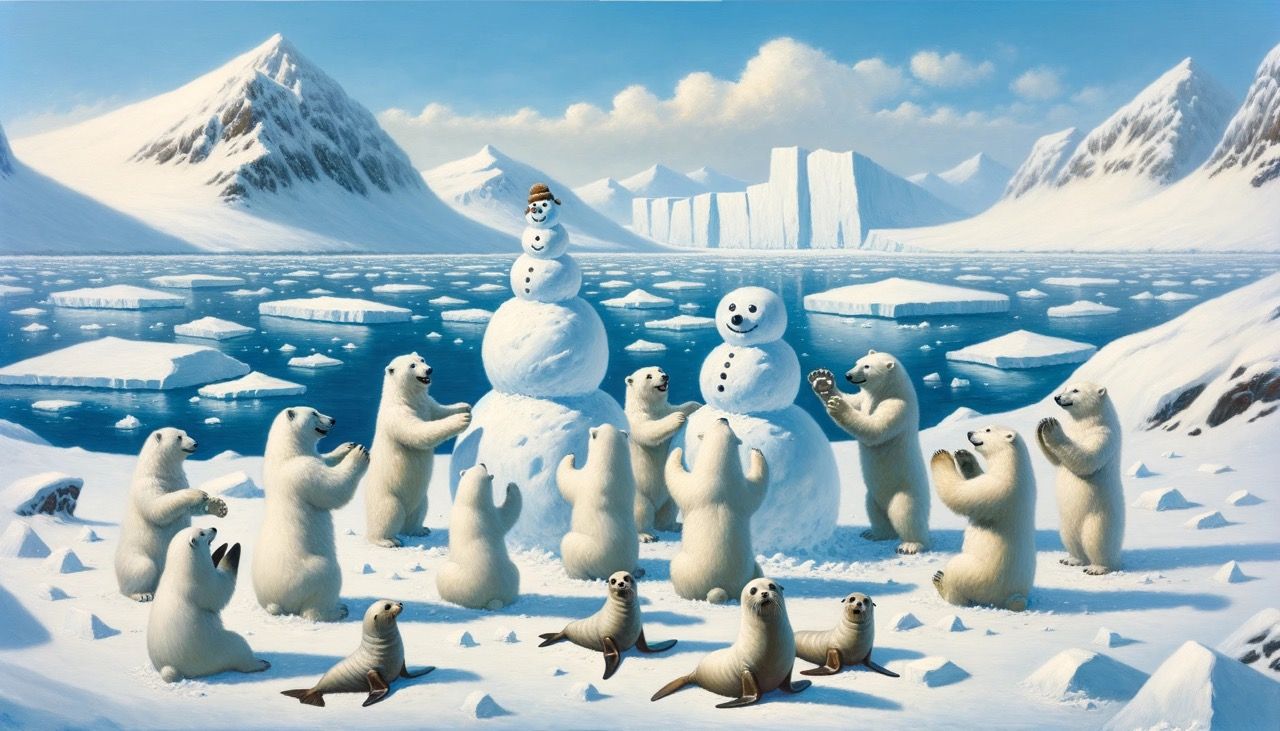 a group of polar bears making snow men from snow