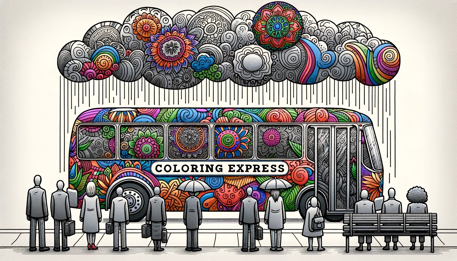 Wide doodle illustration: Adults standing at a bus stop under a gray rain cloud. A bus labeled 'Coloring Express' arrives, painted with vivid hues and mandalas. As passengers board, their gray silhouettes become colorful and lively.