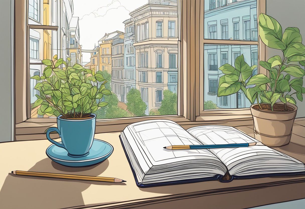 image of a window and on a desk is a white notebook with coffee, coloring pencils, and plants.