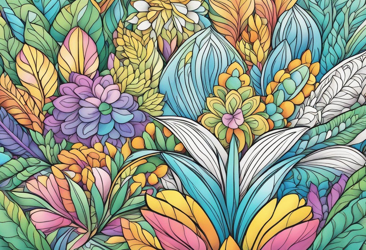 a coloring page filled with colors, patterns are floral