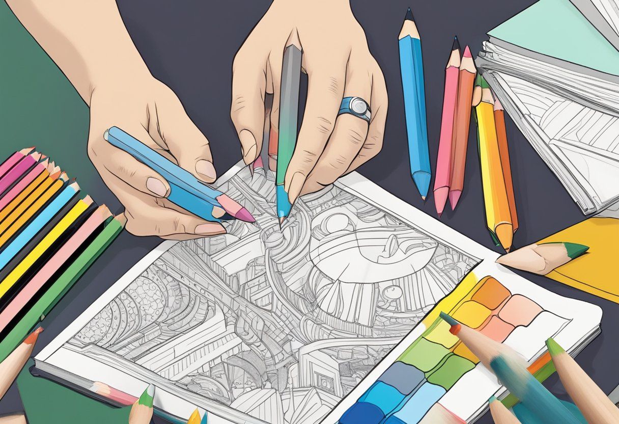 a closeup of hands holding coloring pencils and coloring on a blank page