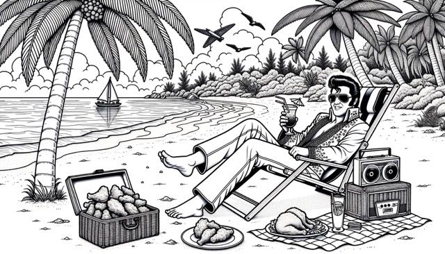 Elvis presley relaxing on a beach sipping cocktails and eating fried chicken