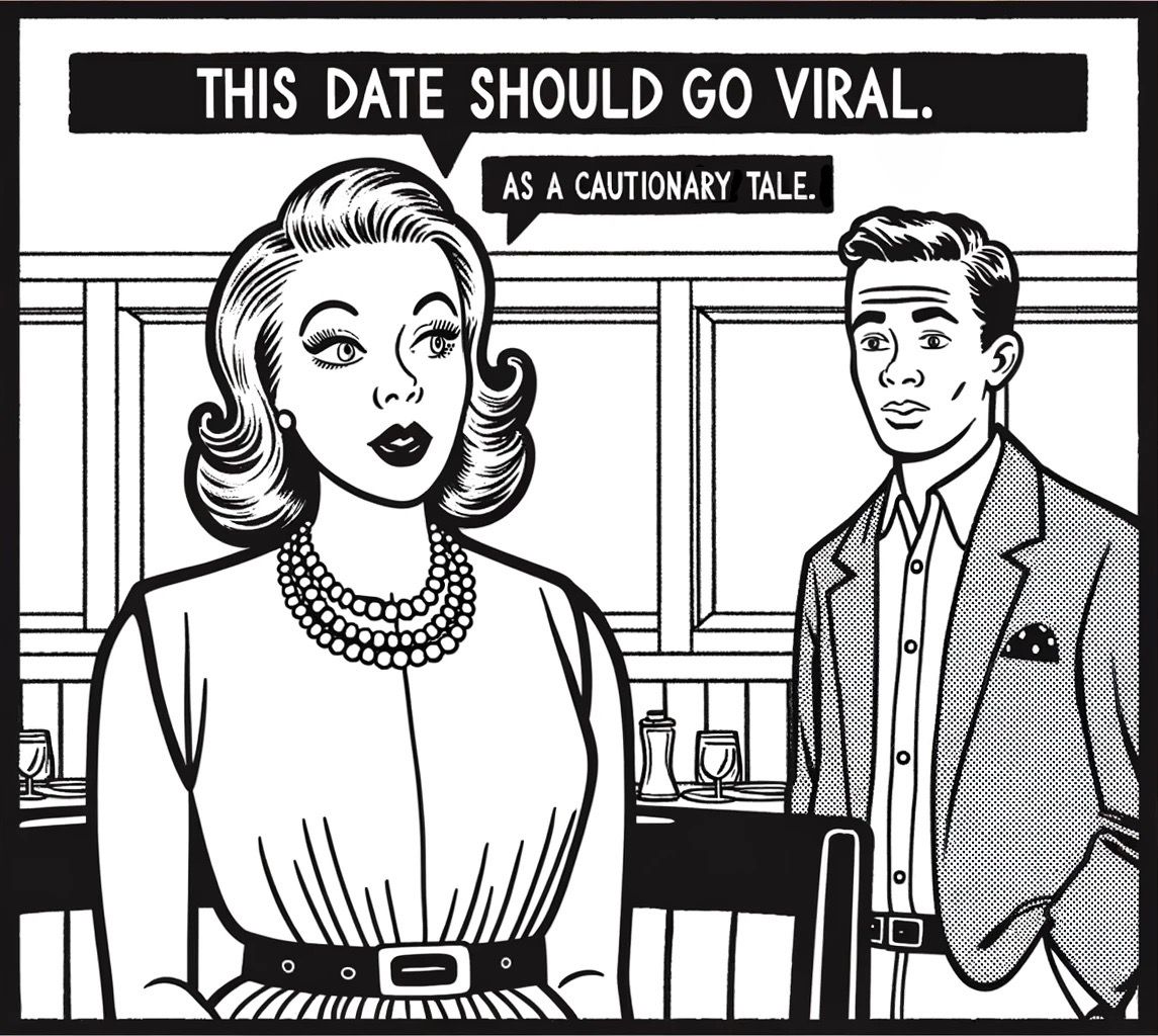 a woman telling a man "this date should go viral, as a cautionary tale"