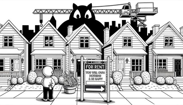 A satirical black and white coloring page illustration highlighting millennial challenges like housing affordability and the gig economy, with a caption reading "You will own nothing and be happy.