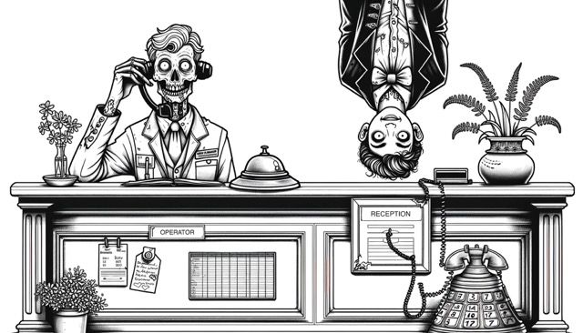  A black and white coloring page illustration showcasing zombified office workers at a reception desk, hinting at the lifeless routine of corporate life.
