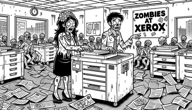  A black and white coloring page illustration depicting office workers transformed into zombies, gathered around a Xerox machine, emphasizing the monotony of office life.