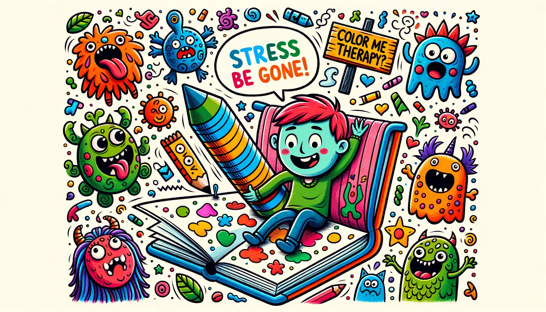 Illustration of child-like doodles with vibrant colors. An adult figure is shown happily coloring inside a giant coloring book with a huge crayon. 