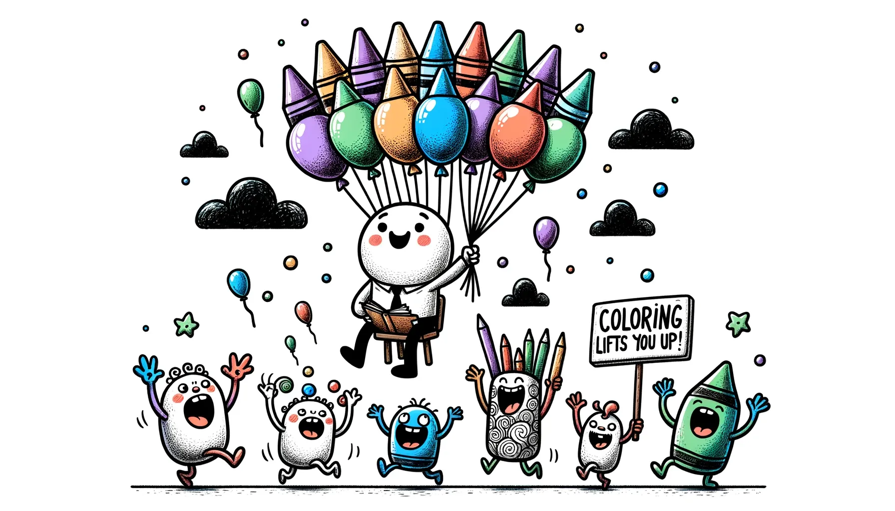 Illustration with a humorous, 5-year-old's doodle style. An adult doodle character floats in the air, lifted by a bunch of colorful balloons shaped like crayons.