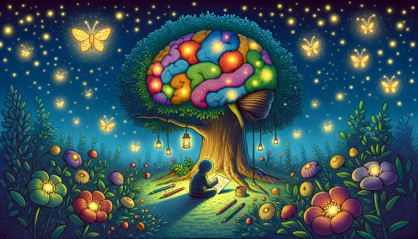 A whimsical scene of a brain garden during nighttime.