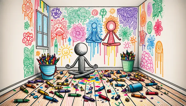 a stick figure meditating while the room walls are covered in colorings
