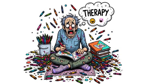 Doodle illustration of a disheveled adult sitting cross-legged on the floor, surrounded by a mess of colorful crayons 
